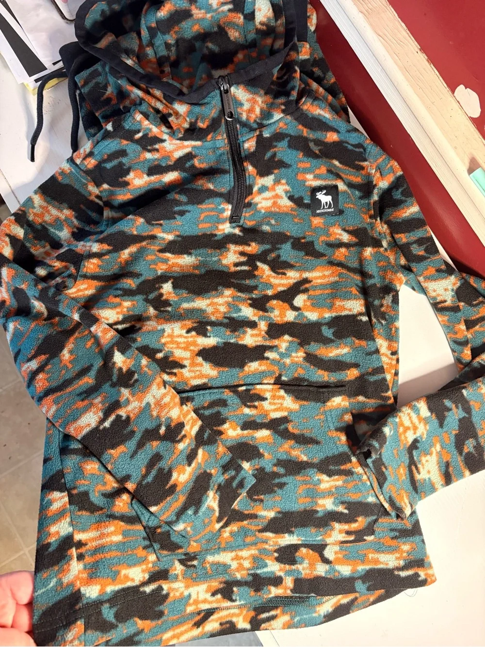 Boy’s Abercrombie Hooded Quarter-Zip Fleece Pullover - Teal/Orange Camo